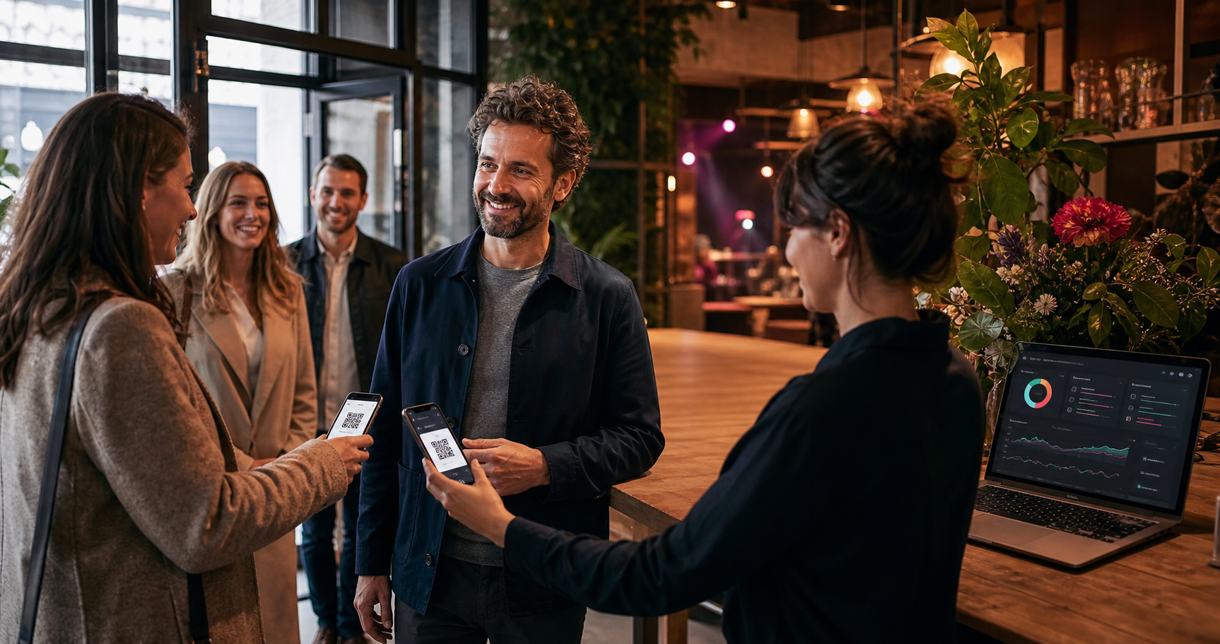 Een cafémedewerker scant een Quisty.live-ticket met een gewone telefoon