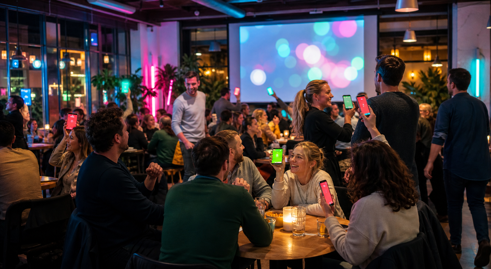 Een volle cafézaal speelt Quisty.live met rode en groene telefoons