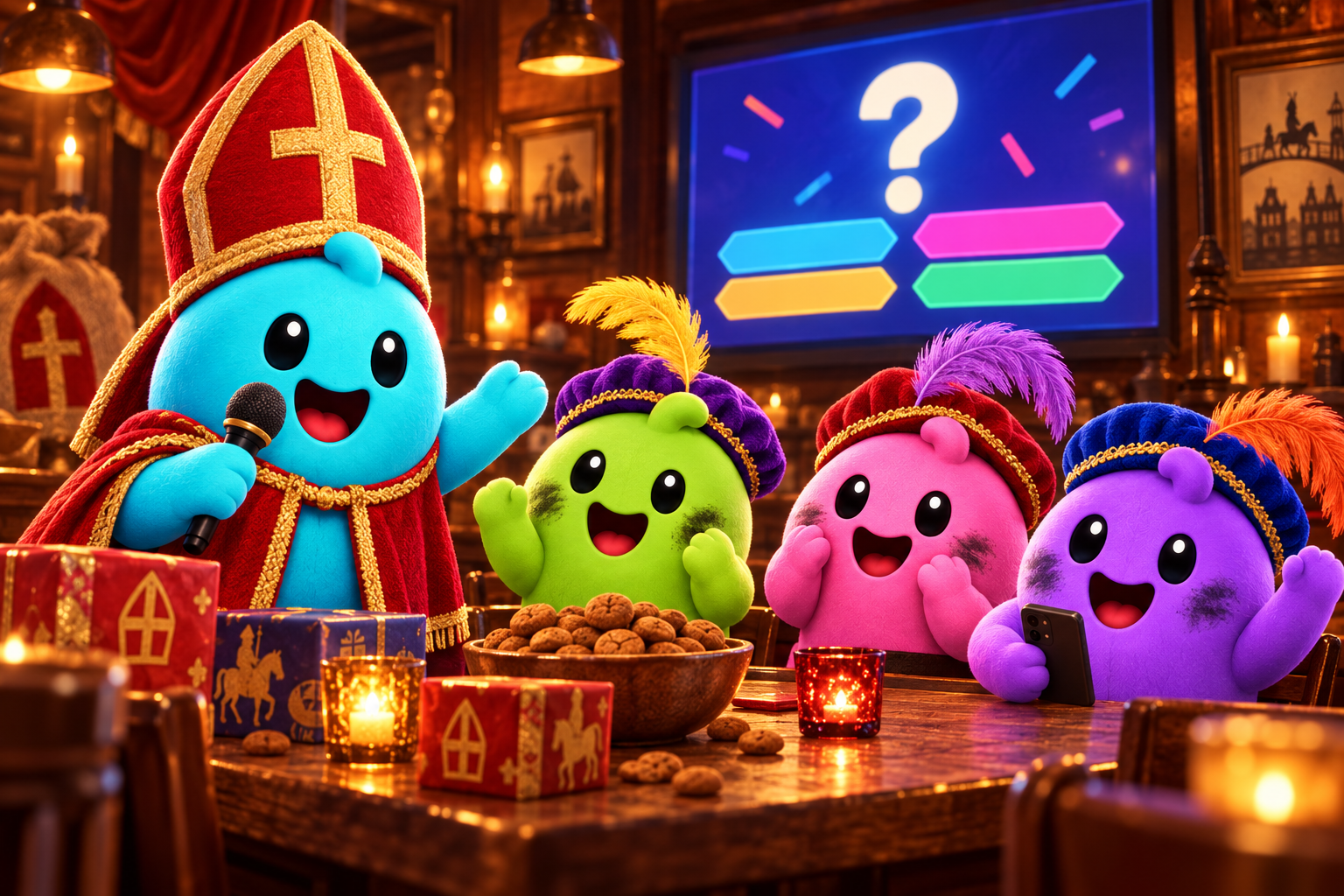 Quisty met sinterklaasmijter presenteert een spelavond in de café met drie vrolijke roetveegquisties.