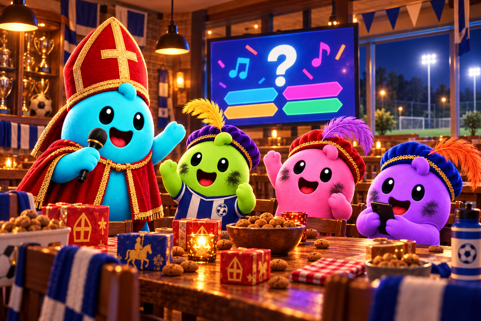 Quisty met sinterklaasmijter presenteert een spelavond in de sportkantine met drie vrolijke roetveegquisties.