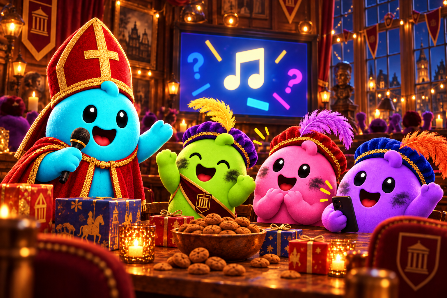 Quisty met sinterklaasmijter presenteert een spelavond in de sociëteit met drie vrolijke roetveegquisties.